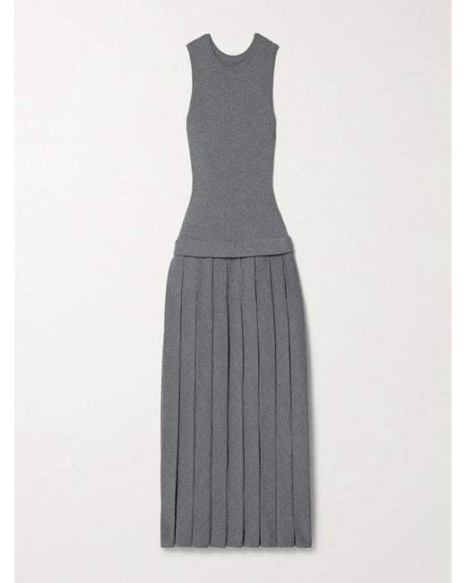 Khaite Gray Cassette Pleated Ribbed Wool-Blend Midi Dress