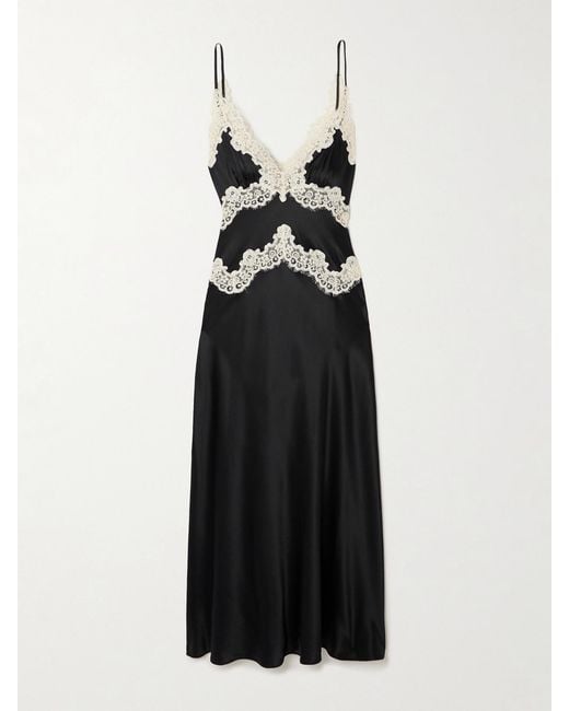 Doen Black Obelia Corded Lace-Trimmed Silk-Satin Midi Dress