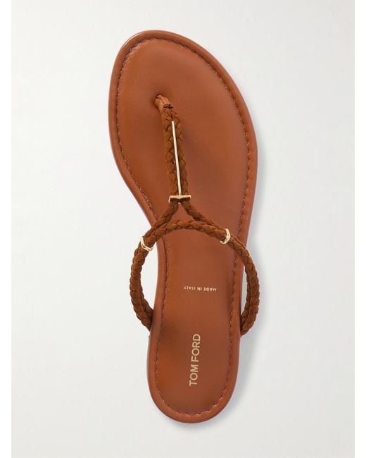 Tom Ford Brown Lily Leather-Trimmed Embellished Braided Suede Sandals