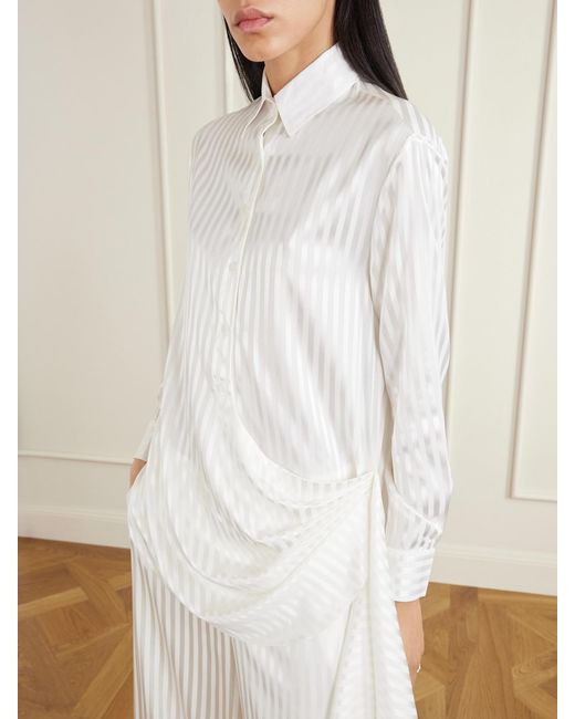 Abadia White Scarf-Detailed Striped Stretch-Silk Satin Blouse