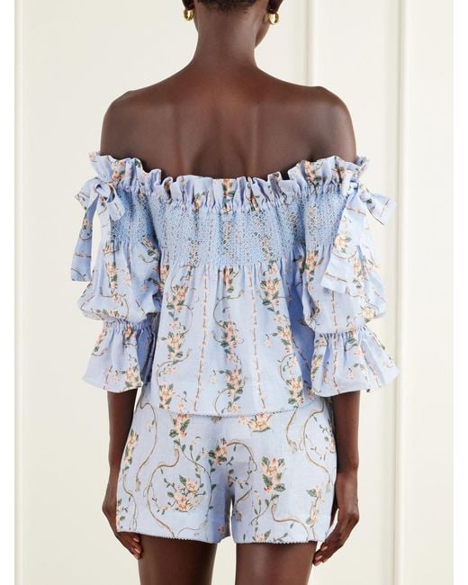 Agua Bendita Blue Isla Navegante Printed Smocked Linen Blouse