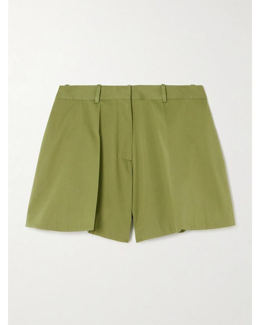 Loewe Green Pleated Cotton And Silk-Blend Sateen Shorts