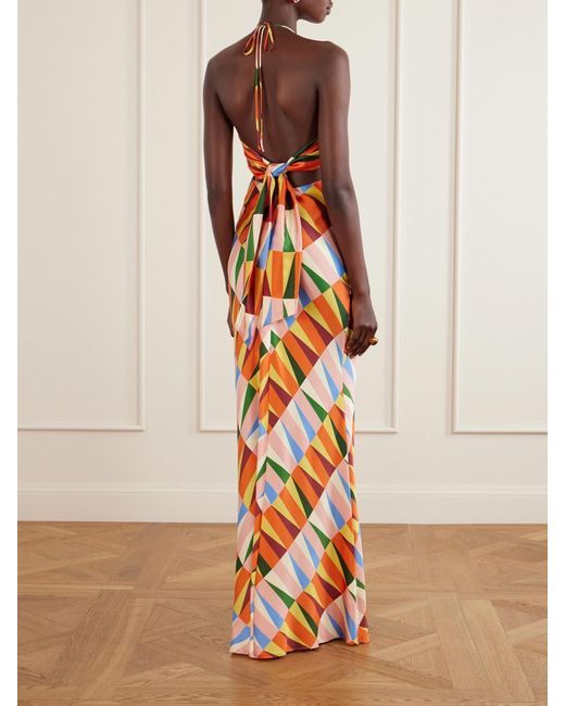 Christiano Marchelli White Caterina Printed Silk-Blend Satin Halterneck Maxi Dress