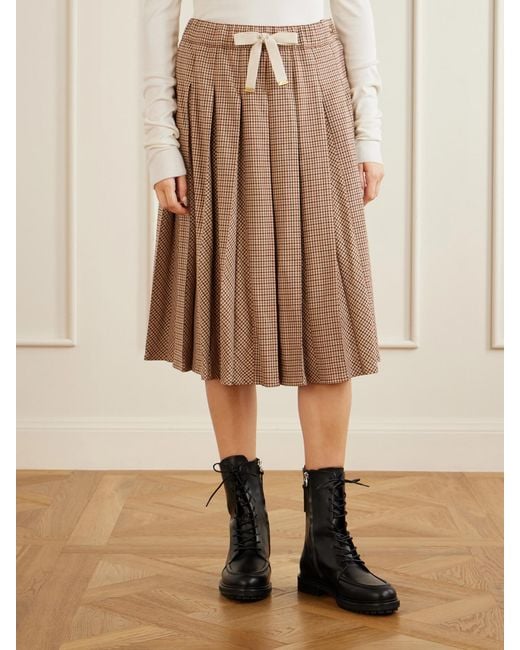 Moncler Natural Pleated Checked Wool-Blend Midi Skirt