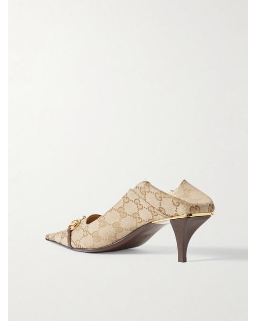 Gucci Natural Vittoria Collapsible-Heel Horsebit-Embellished Leather-Trimmed Canvas-Jacquard Pumps
