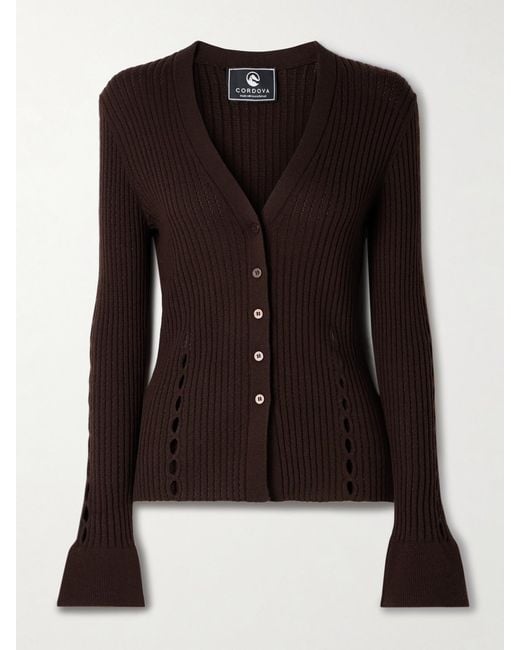 CORDOVA Black Savoie Ribbed Pointelle-Knit Merino Wool Cardigan