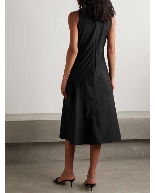 Theory Black Ruched Cotton-Blend Sateen Midi Dress
