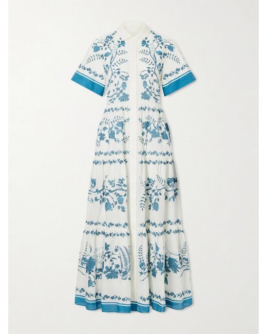Erdem Blue Floral-Print Cotton And Linen-Blend Midi Dress