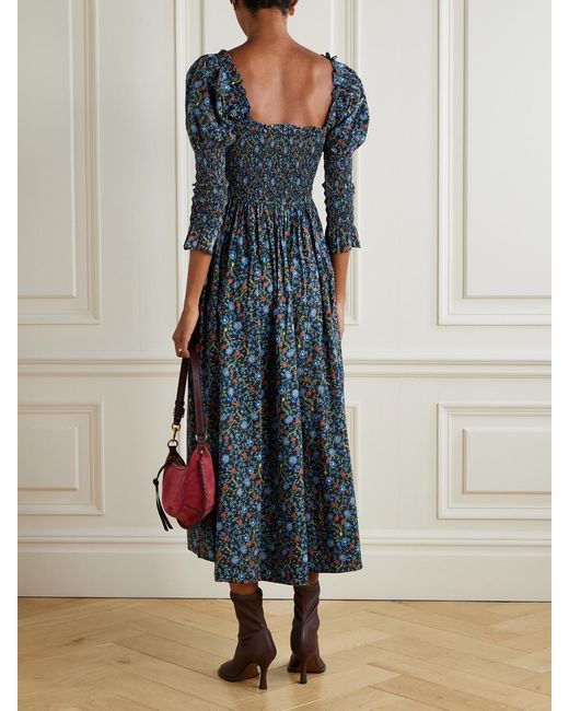 Doen Blue Bijou Midikleid Aus Biobaumwoll-Voile Mit Blumenprint Und Raffungen