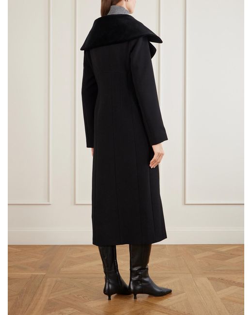 LIBEROWE Black Hourglass Double-Breasted Wool Velour-Trimmed Coat