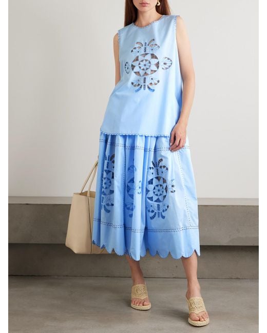 Vita Kin Blue Havana Scalloped Broderie Anglaise Cotton-Poplin Tank
