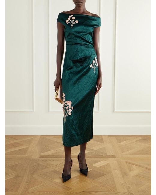 Erdem Green Floral-Embroidered Satin Midi Dress
