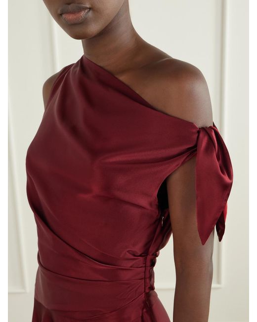 Staud Red Portia Tie-Detailed Draped Silk-Satin Dress