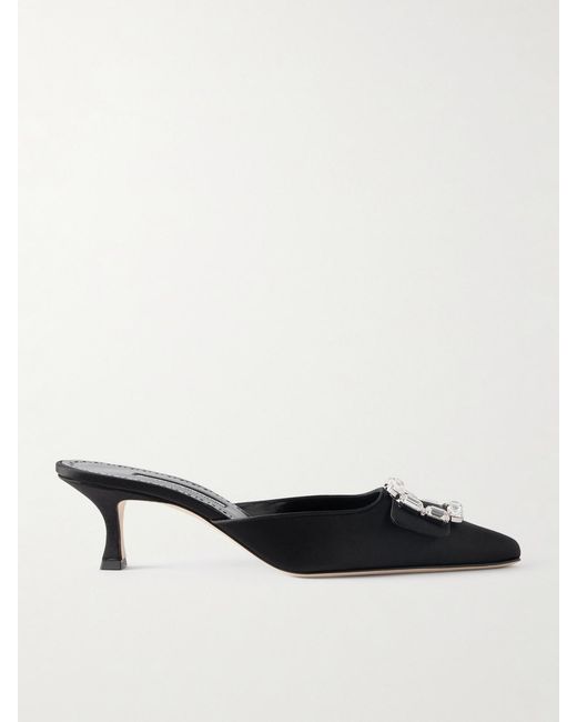 Manolo Blahnik White Mayjou 50 Crystal-Embellished Satin Mules
