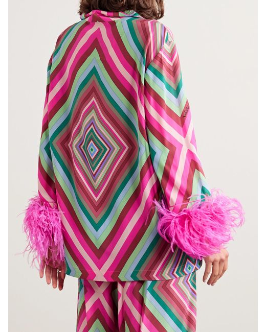 Valentino Garavani Pink Feather-Trimmed Printed Silk Crepe De Chine Shirt