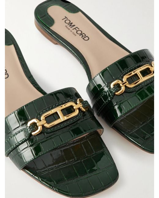 Tom Ford Green Logo-Embellished Leather Slides
