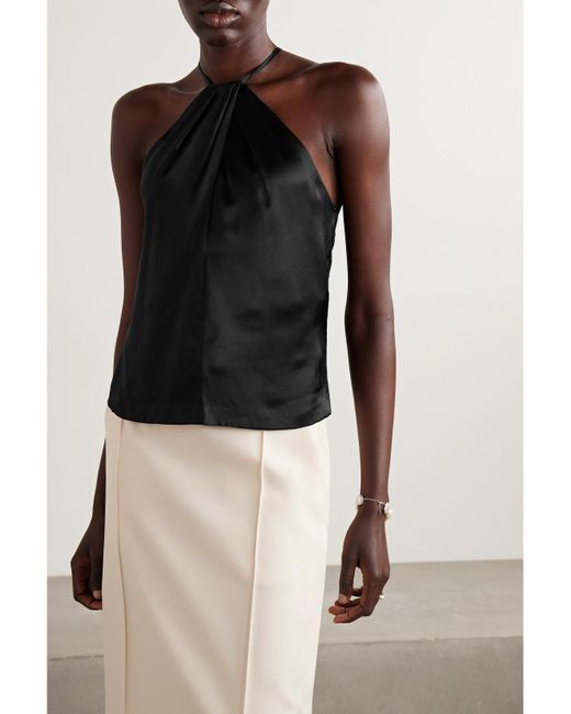 Nili Lotan Black Edwige Gathered Silk-Satin Halterneck Top