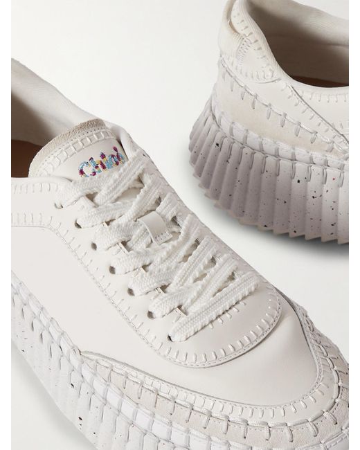 Chloé White Net Sustain Nama Embroidered Suede-Trimmed Leather Sneakers