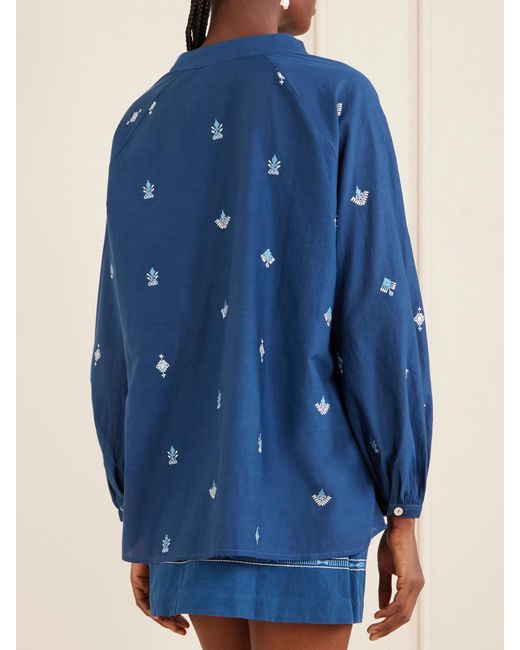 Emporio Sirenuse Blue Ilizia Embroidered Cotton And Silk-Blend Blouse