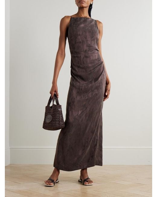 St. Agni Brown Gathered Washed Satin-Jacquard Maxi Dress