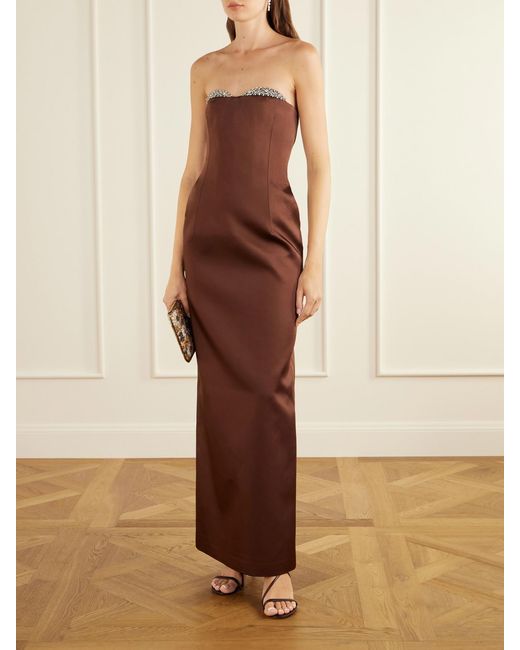 Ilkyaz Ozel Brown Noelie Strapless Crystal-Embellished Satin Gown