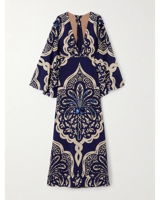 Johanna Ortiz Blue Cape-Effect Embellished Printed Silk-Crepe Maxi Dress