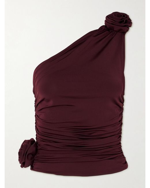 Magda Butrym Purple Asymmetrisches Oberteil Aus Glänzendem Jersey Mit Raffungen Und Blumenapplikationen
