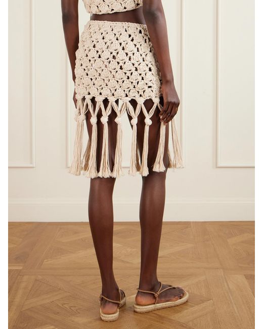 Balmain Natural Fringed Crochet-Knit Cotton Mini Skirt