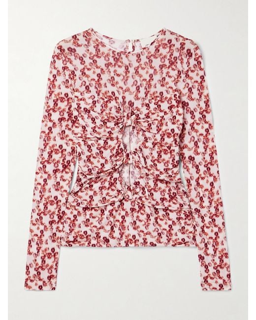 Isabel Marant Red Gladice Ruched Cutout Floral-Print Stretch-Jersey Top