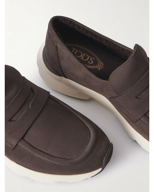 Tod's Brown Shearling-Lined Suede Loafers