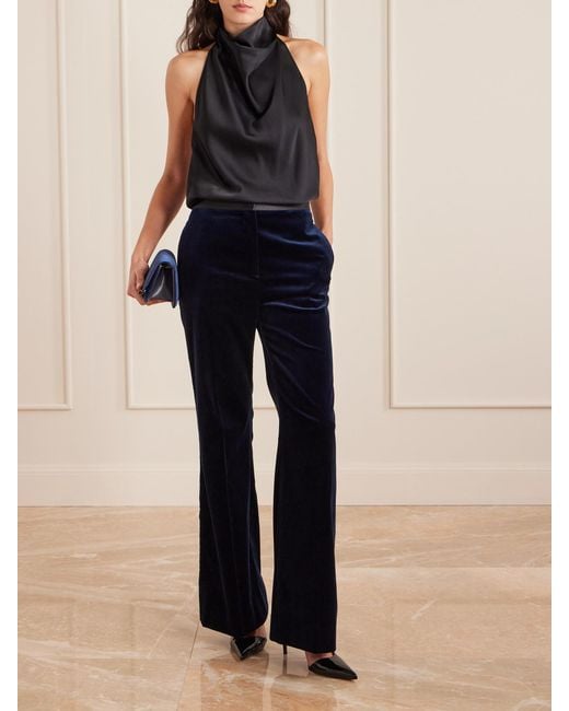 Victoria Beckham Blue Alina Satin-Trimmed Cotton-Blend Velvet Wide-Leg Pants