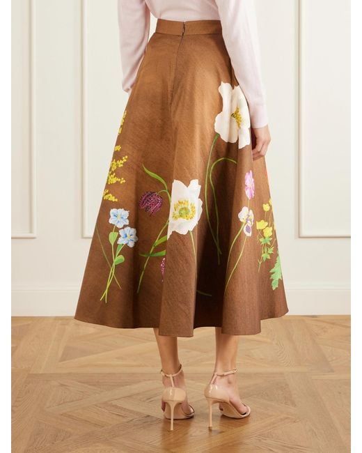 Oscar de la Renta Brown Floral-Print Cotton-Poplin High-Waist Midi Skirt