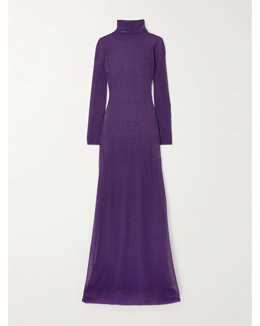 Tom Ford Purple Metallic Silk-Blend Turtleneck Maxi Dress