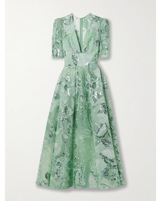 Elie Saab Green Sequin-embellished Embroidered Tulle Midi Dress