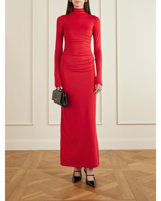 Altuzarra Red Jazmina Ruched Stretch-Jersey Mock-Neck Maxi Dress