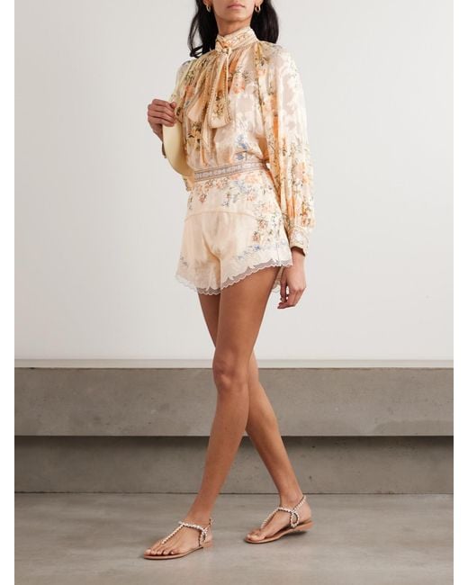 Camilla Natural Crystal-Embellished Tulle-Trimmed Embroidered Floral-Print Satin-Jacquard Shorts