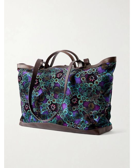 Dries Van Noten Blue Carter Printed Leather-Trimmed Velvet Tote