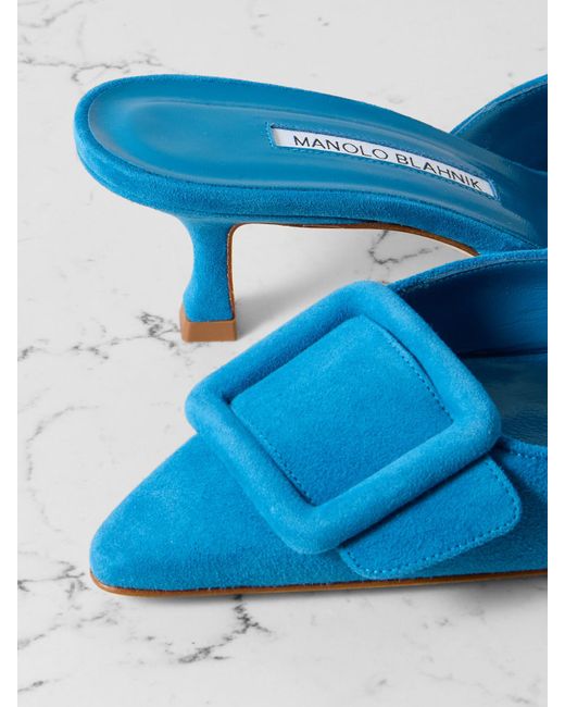 Manolo Blahnik Blue Maysale 50 Buckled Suede Mules