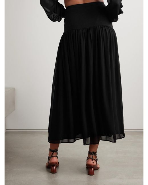 Ulla Johnson Black Miya Ribbed Wool And Silk-Blend And Pleated Chiffon Midi Skirt