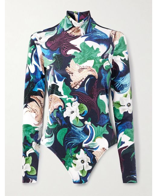 Mary Katrantzou Blue Jordan Printed Stretch-Velvet Turtleneck Bodysuit