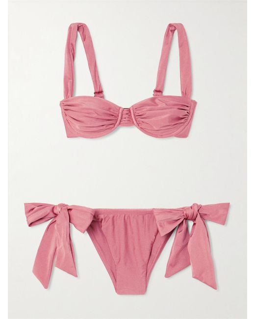 Faithfull The Brand Pink Sol Tie-Detailed Gathered Metallic Bikini