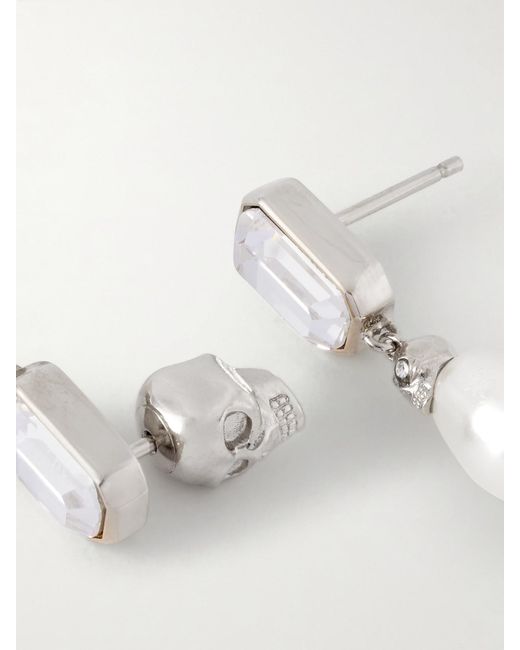 Alexander McQueen White Skull-Tone, Crystal And Faux Pearl Earrings