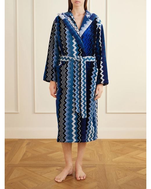 Missoni Blue Giacomo Striped Hooded Belted Cotton-Terry Robe
