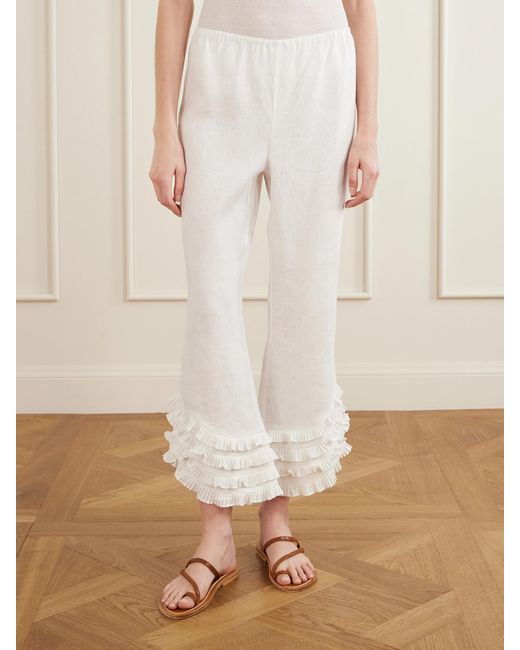 Posse White Florence Ruffled Linen Straight-Leg Pants