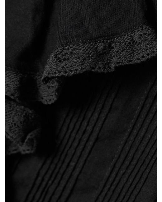 Doen Black Hardy Lace-Trimmed Ruffled Pintucked Organic Cotton-Voile Blouse