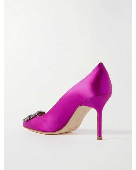 Manolo Blahnik Pink Hangisi 90 Crystal-Embellished Satin Pumps