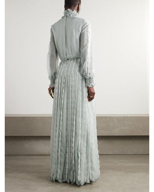 Valentino Garavani Blue Ruffled Lace-Trimmed Pleated Silk-Chiffon Gown