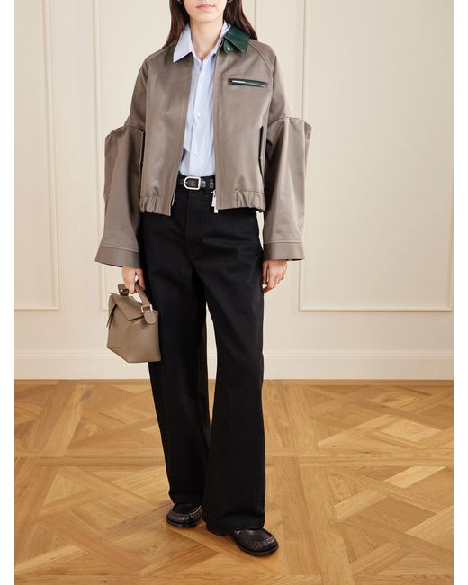 Sacai Gray Pleated Leather-Trimmed Cotton-Twill Jacket