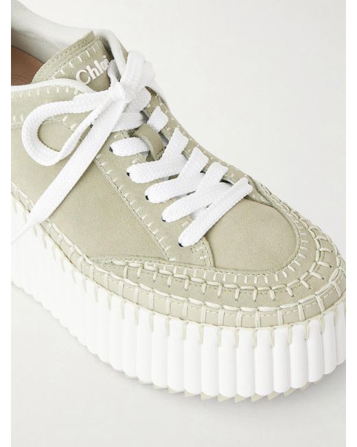 Chloé White Nama Patchwork Suede-Trimmed Leather Platform Sneakers