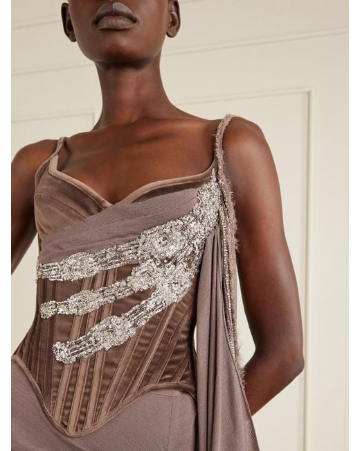 Wiederhoeft Brown Tie-Detailed Embellished Cotton-Blend Velvet Corset Top